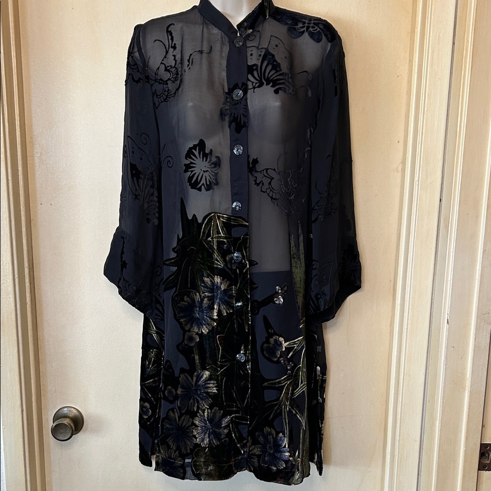 Citron Santa Monica Sheer Burnout Velvet Oversized Black Blouse size S